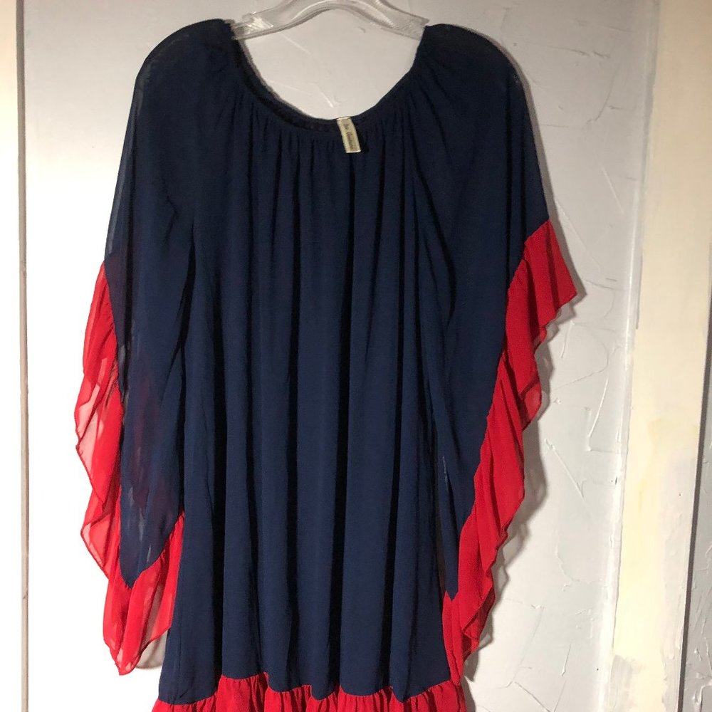 2Tee Couture Size M Navy/Red Ruffled Pullover - Picture 2 of 6